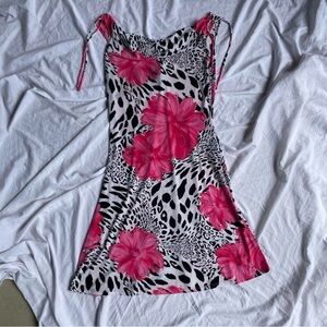 Bright Pink Floral & Animal-Print Mini Dress with Tie Straps
